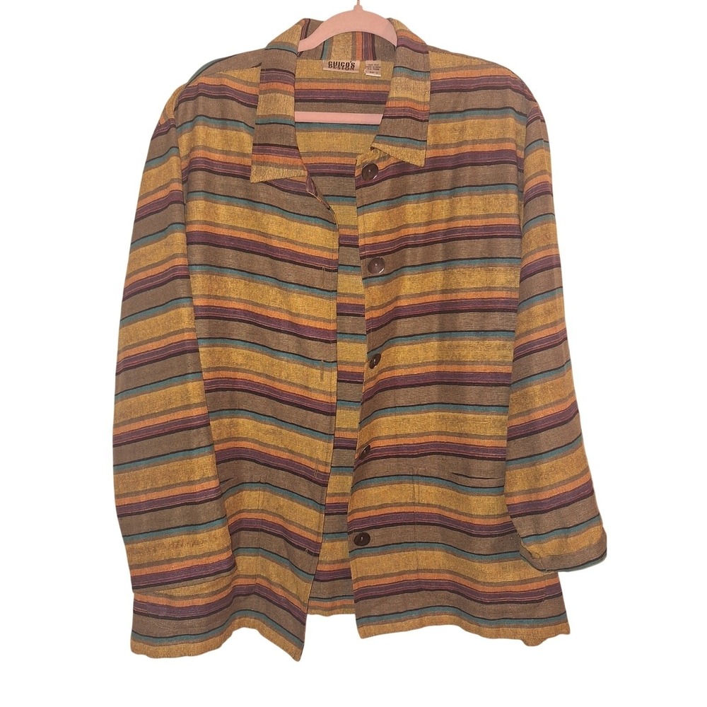 Vintage 100% Silk Arsty Lagenlook Striped Jacket Earth Multi Color Size 3 (XL)